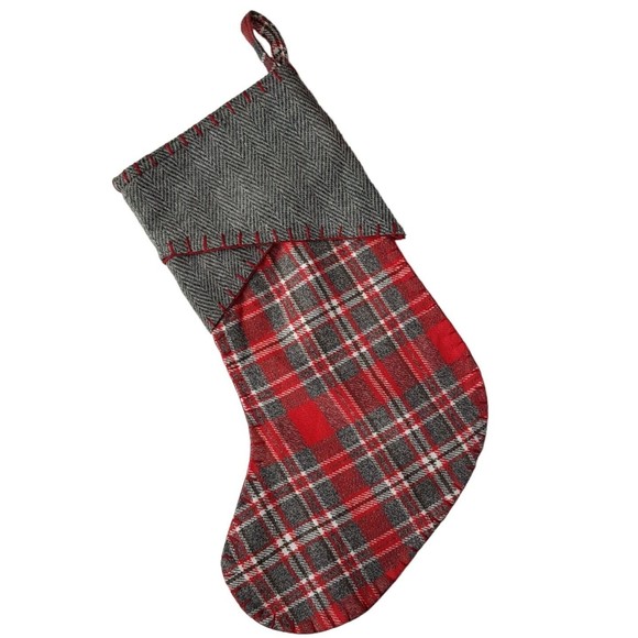 Tartan Plaid and Herringbone Christmas Stocking Red Gray 17" - Picture 1 of 6